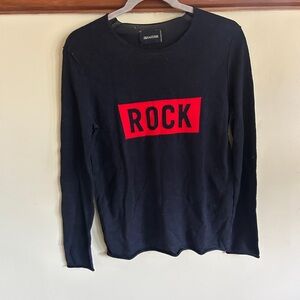 Navy Merino Wool Sweater with Red 'Rock' Graphic